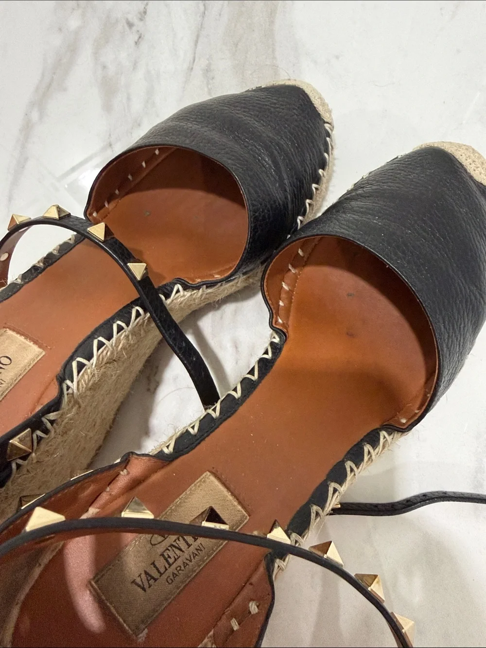 Valentino Garavani Black Leather Studded Espadrille Wedge Sandals - Picture 8 of 8